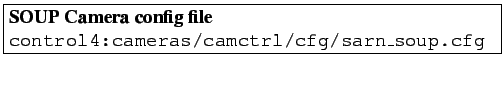 \fbox{\vbox{\hbox{\textbf{SOUP Camera config file}}
\hbox{\texttt{control4:cameras/camctrl/cfg/sarn\_soup.cfg }}
}}